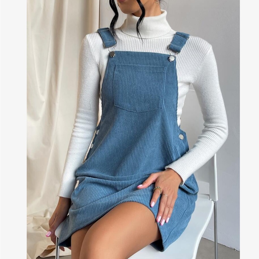 Classic Elegant Corduroy Solid Pocket Jumper Overall Dress Without Sweater - Picture 7 of 15